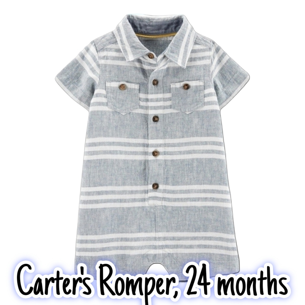 Carters Baby Boy, Gray & White Striped, Linen Romper, size 24 months